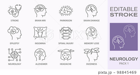 Neurology icons, such as alzheimer, parkinson, insomnia, headache and more. Editable stroke. 98845469