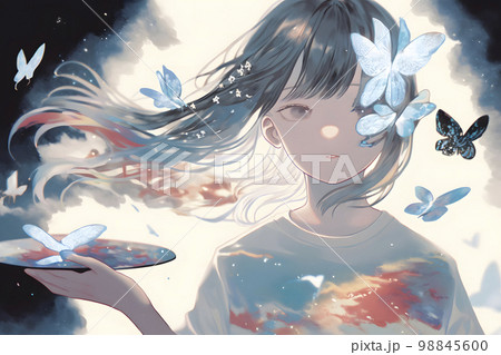 少女の絵画(ロングヘア) カッター 用 マット 手描きイラスト 水彩原画 ロングヘアの