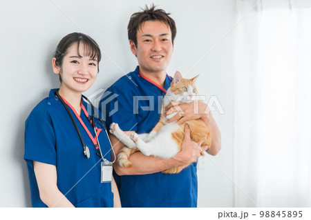 猫を抱く動物病院の男女の獣医師（アジア人） 98845895