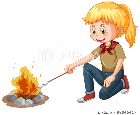 Camping girl roasting marshmallow on campfire Camping girl roasting marshmallow on campfire 98846417
