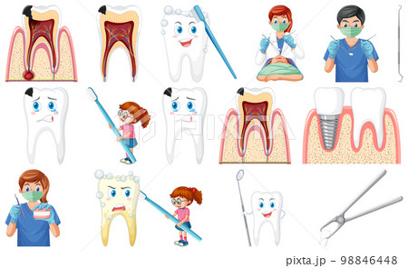 Set of dental equipments and cartoon characters 98846448
