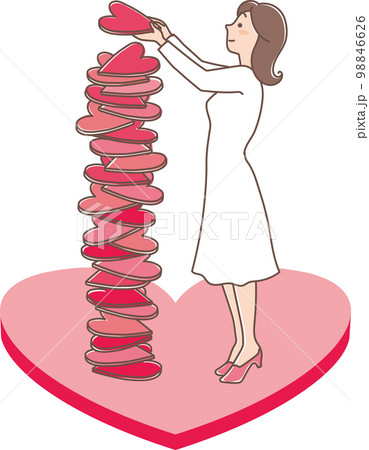 ハッピーバレンタイン_ハートの積み重ね_若い女性_ハートチョコ入り 98846626