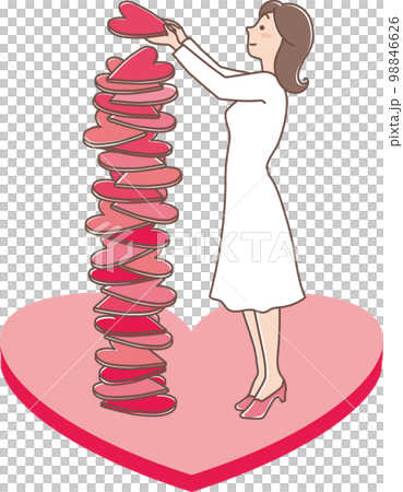 ハッピーバレンタイン_ハートの積み重ね_若い女性_ハートチョコ入り 98846626