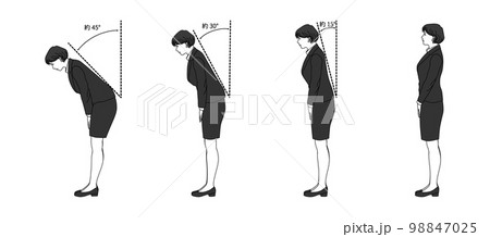 15度 30度 45度の角度で礼儀正しくお辞儀する女性社員の全身横向きのイラストセット 15度 30度 45度の角度で礼儀正しくお辞儀する女性社員の全身横向きのイラストセット 98847025