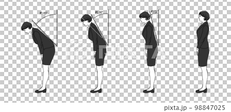 一群女員工以 15 度、30 度和 45 度角度禮貌鞠躬的橫向插圖。 一群女員工以 15 度、30 度和 45 度角度禮貌鞠躬的橫向插圖。 98847025