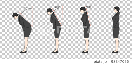 15度 30度 45度 いろんな角度でお辞儀する女性社員の全身横向きのイラストセット 15度 30度 45度 いろんな角度でお辞儀する女性社員の全身横向きのイラストセット 98847026