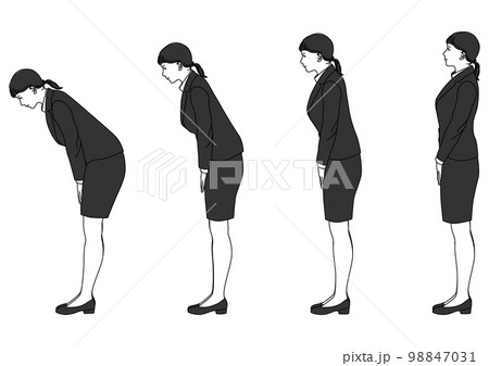 束ねた髪のビジネスウーマン 女性がお辞儀をする全身横向きのイラストセット 束ねた髪のビジネスウーマン 女性がお辞儀をする全身横向きのイラストセット 98847031