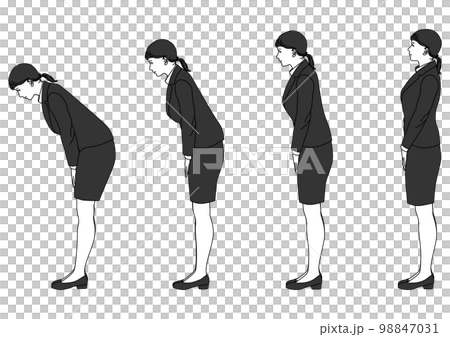 束ねた髪のビジネスウーマン 女性がお辞儀をする全身横向きのイラストセット 束ねた髪のビジネスウーマン 女性がお辞儀をする全身横向きのイラストセット 98847031