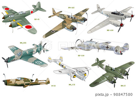 第二次世界大戦頃に活躍した、日本、ドイツ、イタリアの双発プロペラ戦闘機8機種のイラストセット。 98847580