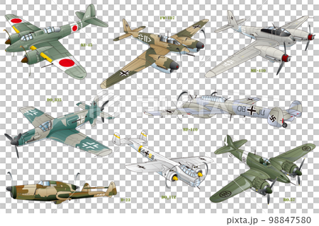 第二次世界大戦頃に活躍した、日本、ドイツ、イタリアの双発プロペラ戦闘機8機種のイラストセット。 98847580