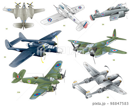 第二次世界大戦頃に活躍したアメリカとイギリス（大英帝国）の双発プロペラ戦闘機7機種。のイラスト素材 [98847583] - PIXTA