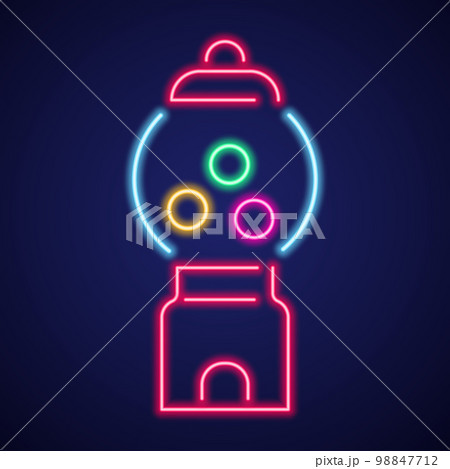 Gumball machine neon icon. Retro vending dispenser for candies and bubblegums. Sweets slot vector illustration Gumball machine neon icon. Retro vending dispenser for candies and bubblegums. Sweets slot vector illustration 98847712