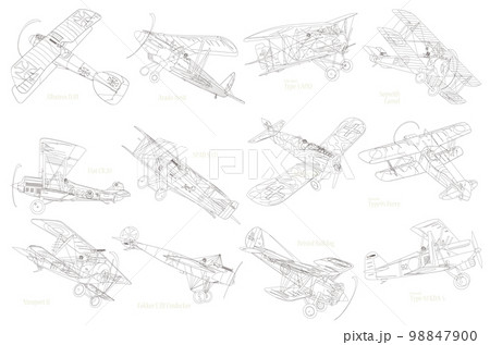 12種類の複葉機・戦闘機のモノクロ線画イラスト集。 98847900