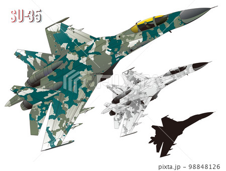 緑とグレーカモフラージュ塗装されたジェット戦闘機イラスト（線画と黒のシルエット付セット） 98848126