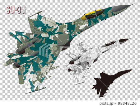 Jet fighter illustration painted in green and gray camouflage (set with line drawing and black silhouette) 98848126