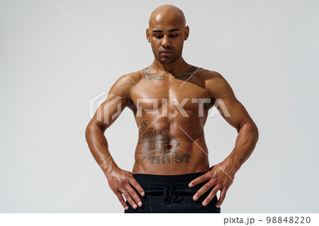 Portrait of attractive sporty man with muscled naked body on white studio background Portrait of attractive sporty man with muscled naked body on white studio background 98848220