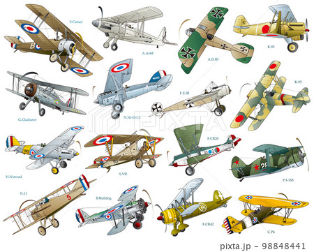 第一次世界大戦ごろ、世界の創世記・複葉戦闘機vectorイラスト16種類セット。 98848441