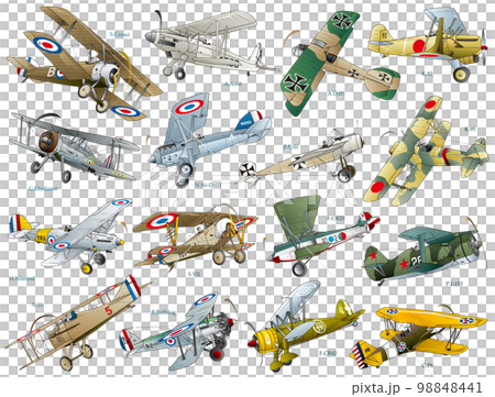 第一次世界大戦ごろ、世界の創世記・複葉戦闘機vectorイラスト16種類セット。 98848441