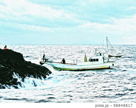 渡船が沖磯に釣り人を渡している臨場感ある画像をイラストにレタッチ・カラー加工。 渡船が沖磯に釣り人を渡している臨場感ある画像をイラストにレタッチ・カラー加工。 98848817