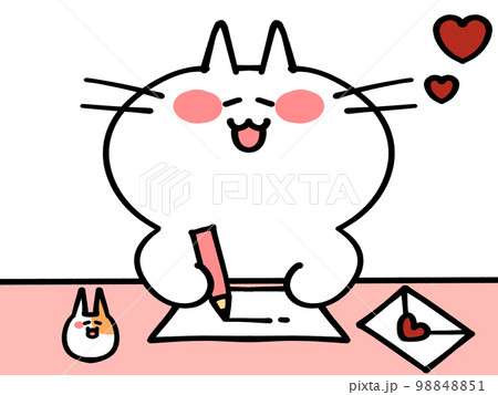ラブレターを書くにゃんことハムスターのイラスト素材 98848851