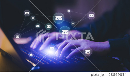 Businessman hand touch  communication icons, letter icon, email icons, and newsletter email and protect your personal information or spam mail, Customer service call center contact. 98849054