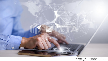 Businessman touching tablet and laptop with global network connection, Social network connection with marketing internet technology,cloud computing, Global network, future tech background, IoT concept 98849066
