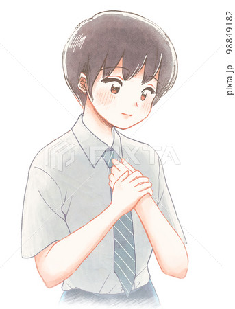 胸に手を当てて微笑む男子中学生の水彩風イラスト 胸に手を当てて微笑む男子中学生の水彩風イラスト 98849182