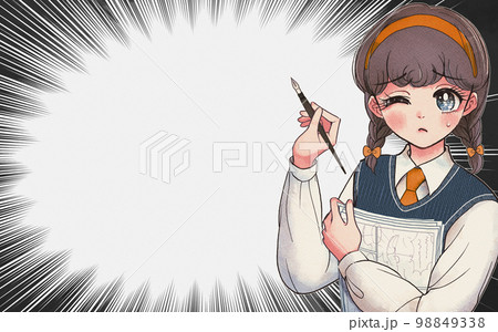 漫画が上手く描けない女の子のイラストアイキャッチ・集中線 漫画が上手く描けない女の子のイラストアイキャッチ・集中線 98849338