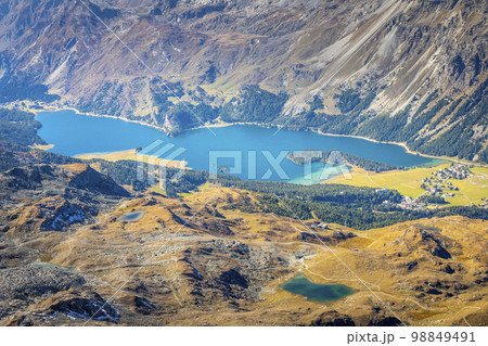 Above Silvaplana lake, Sils and Maloja from Piz Corvatsch, Engadine, Switzerland 98849491