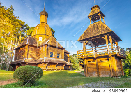 Wooden orthodox ukrainian church in Curitiba, capital of Parana state, Brazil 98849965