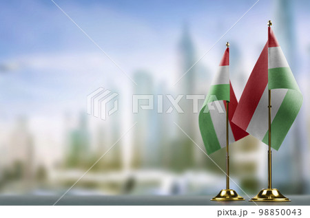 Small flags of the Hungary on an abstract blurry background Small flags of the Hungary on an abstract blurry background 98850043