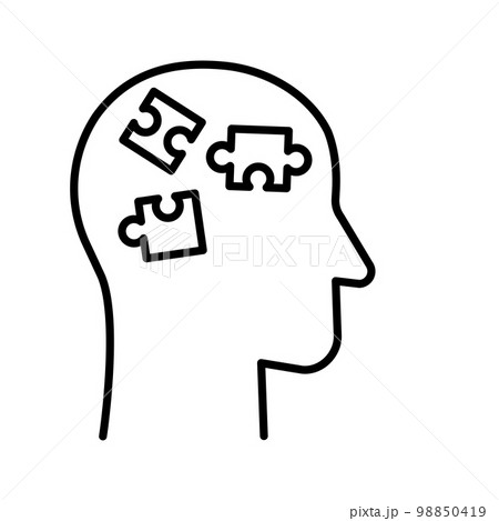 Human head with jigsaw puzzle piece. Pictogram isolated on white background. Human head with jigsaw puzzle piece. Pictogram isolated on white background. 98850419
