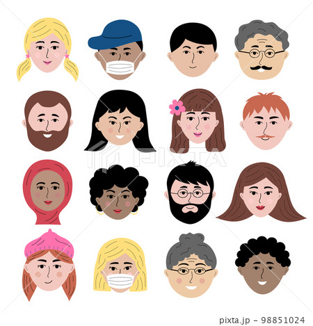 Hand drawn human faces doodle set. Colorful people avatars of different sex, nationality, age for social networks, website. Portrait with positive facial expression. 98851024