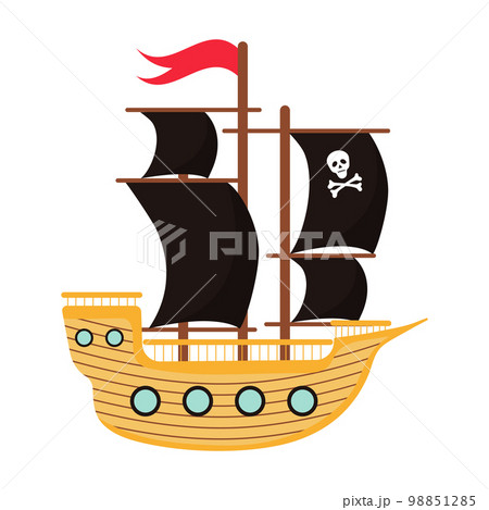 Pirate ship with black sails, scull and crossed bones and red flag. Cartoon Wooden buccaneer boat.  98851285