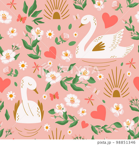 Swan pattern. Cute swan couple pink seamless background, floral branches, heart. Romantic vector print 98851346