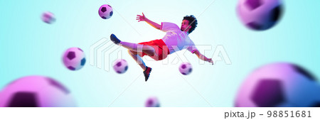 Collage. Young man in motion, professional football, soccer player kicking ball in jump over neon background with many balls Collage. Young man in motion, professional football, soccer player kicking ball in jump over neon background with many balls 98851681