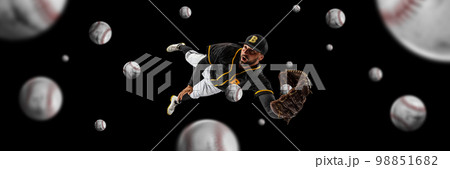 Collage. Man, professional baseball player catching ball with glove in a jump over black background with may balls 98851682