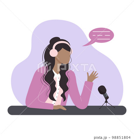 Woman with headphones talking and recording online podcast with microphone. Interview, radio, podcast, online show, vlog concept. Woman with headphones talking and recording online podcast with microphone. Interview, radio, podcast, online show, vlog concept. 98851804
