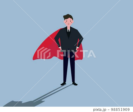 マントとつけた笑顔のビジネスマン。自信がある、向上心、リーダーシップ、ヒーロー。ベクターイラスト 98851909
