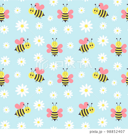 Seamless pattern of daisy flower and cartoon bee on blue background. 98852407