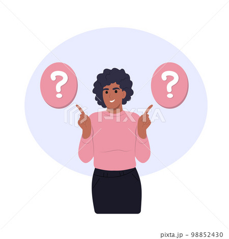 A young African American woman makes a choice, ponders, analyzing two options. Make a choice, decision concept. Doubt, decide, set priorities. A young African American woman makes a choice, ponders, analyzing two options. Make a choice, decision concept. Doubt, decide, set priorities. 98852430