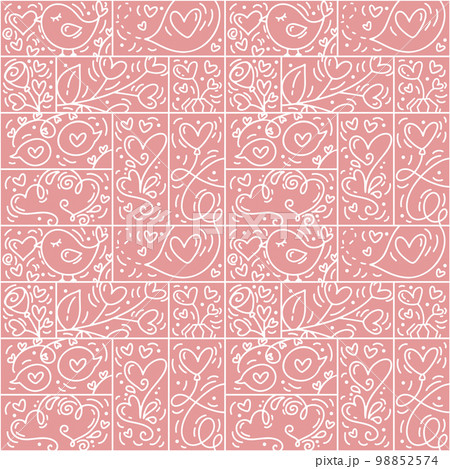 Valentines logo vector seamless pattern love, bird, heart, envelope line and abstract on pink background. Hand drawn monoline constructor for romantic greeting card wedding 98852574