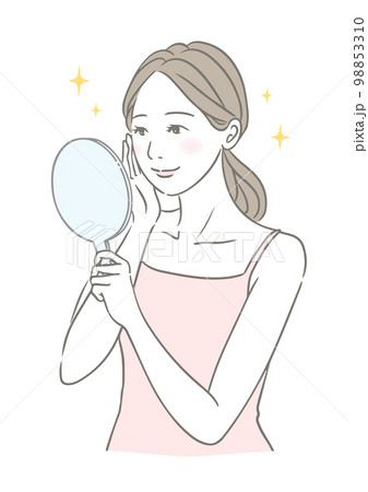 手鏡を見る調子の良い微笑む女性 美容イメージイラスト 98853310