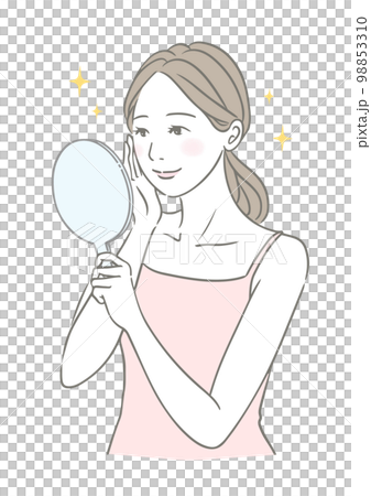 手鏡を見る調子の良い微笑む女性 美容イメージイラスト 98853310