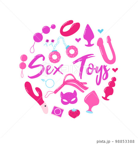 Sex toys. Poster for sex shop. Toys for adults Stock