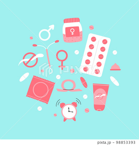 Types of contraception. Pills, calendar, patch, condom and coil. Vector illustration in a flat style. Poster with contraception.World contraception day. Methods of contraception. 98853393