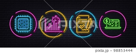 Report timer, Approved agreement and Cpu processor minimal line icons. Neon laser 3d lights. Online accounting icons. For web, application, printing. Vector 98853444