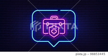 Neon light speech bubble. Medical insurance line icon. Health coverage sign. Protection policy symbol. Neon light background. Medical insurance glow line. Brick wall banner. Vector Neon light speech bubble. Medical insurance line icon. Health coverage sign. Protection policy symbol. Neon light background. Medical insurance glow line. Brick wall banner. Vector 98853445