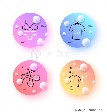 Lingerie, Dry t-shirt and Scissors minimal line icons. 3d spheres or balls buttons. Clean t-shirt icons. For web, application, printing. Bra with panties, Laundry shirt, Cutting ribbon. Vector Lingerie, Dry t-shirt and Scissors minimal line icons. 3d spheres or balls buttons. Clean t-shirt icons. For web, application, printing. Bra with panties, Laundry shirt, Cutting ribbon. Vector 98853446