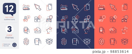 Set of Delivery app, Puzzle and Open box line icons. Include Car secure, Mouse cursor, Ask question icons. Truck delivery, Fingerprint, Table lamp web elements. Smartphone, Podium, Send mail. Vector 98853614